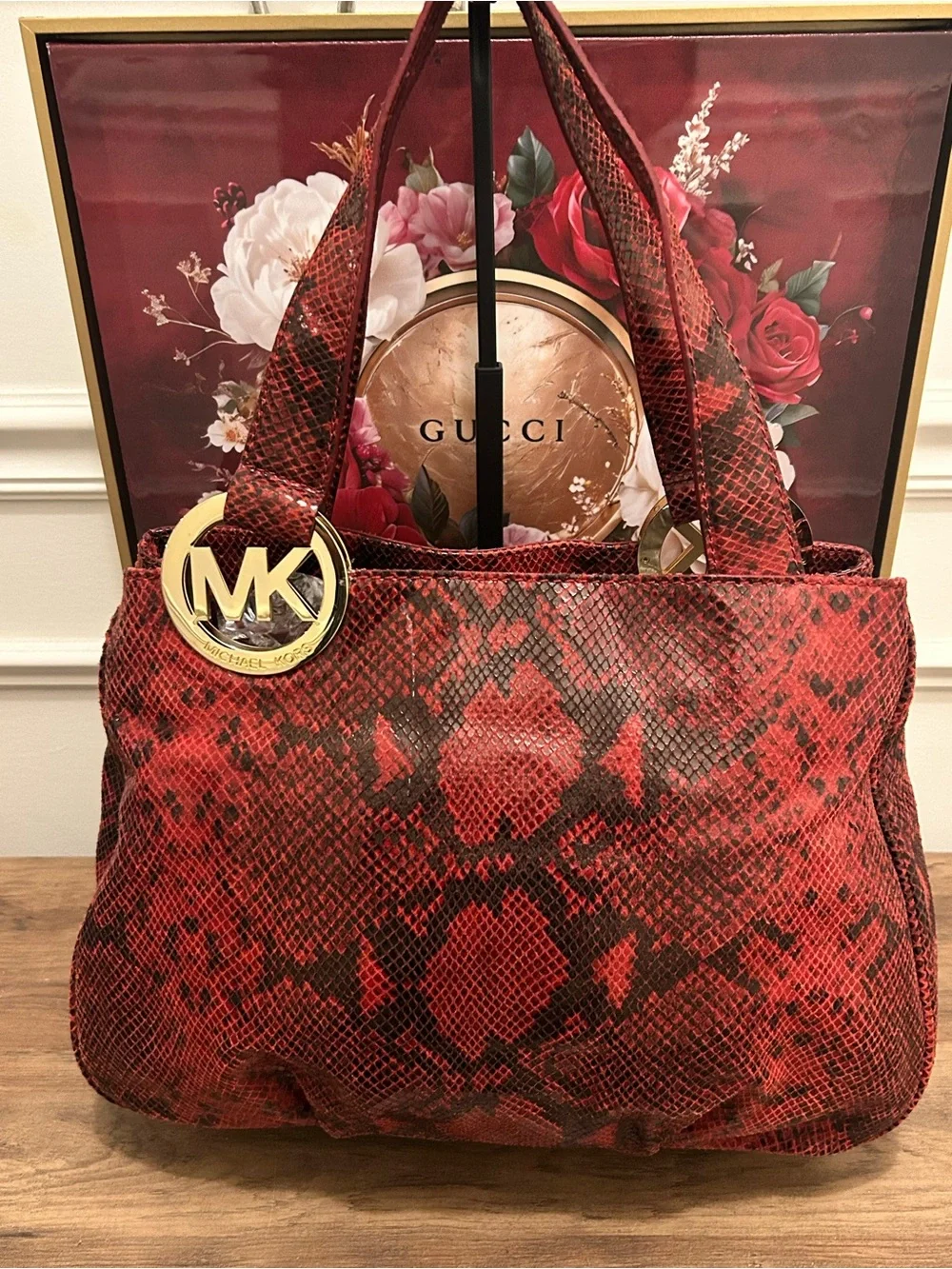 Michael Kors Red and Black Embossed Snake-Print Shoulder Tote with MK Dust Bag - Picture 3 of 15